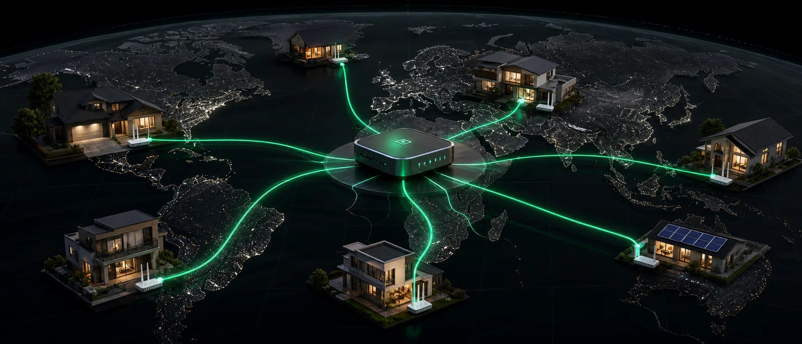 Residential homes around the world connected through household routers to a proxy gateway