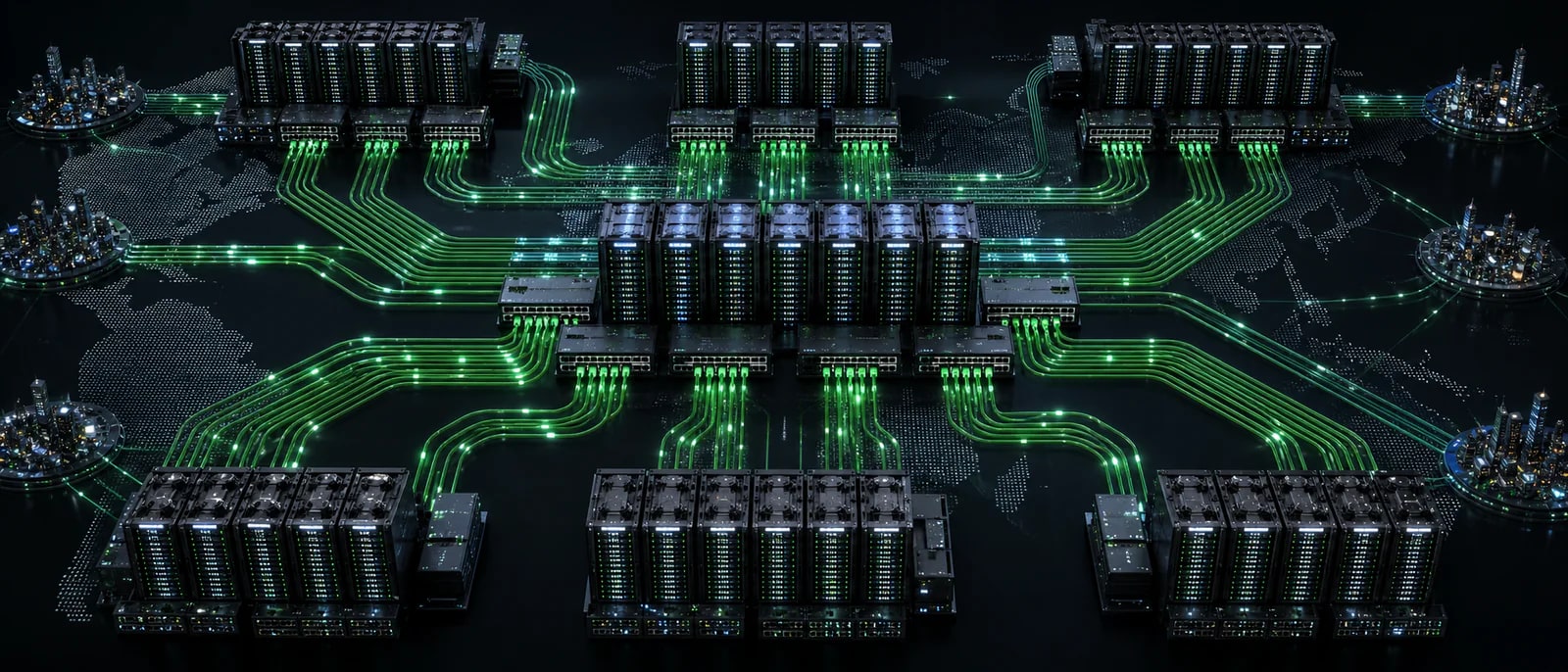 Distributed datacenter server clusters connected by high-capacity network routes
