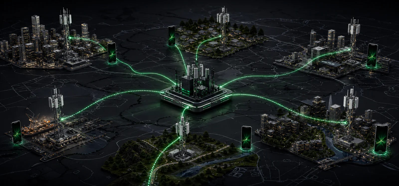 Mobile devices connected through distributed cellular towers and a central carrier gateway