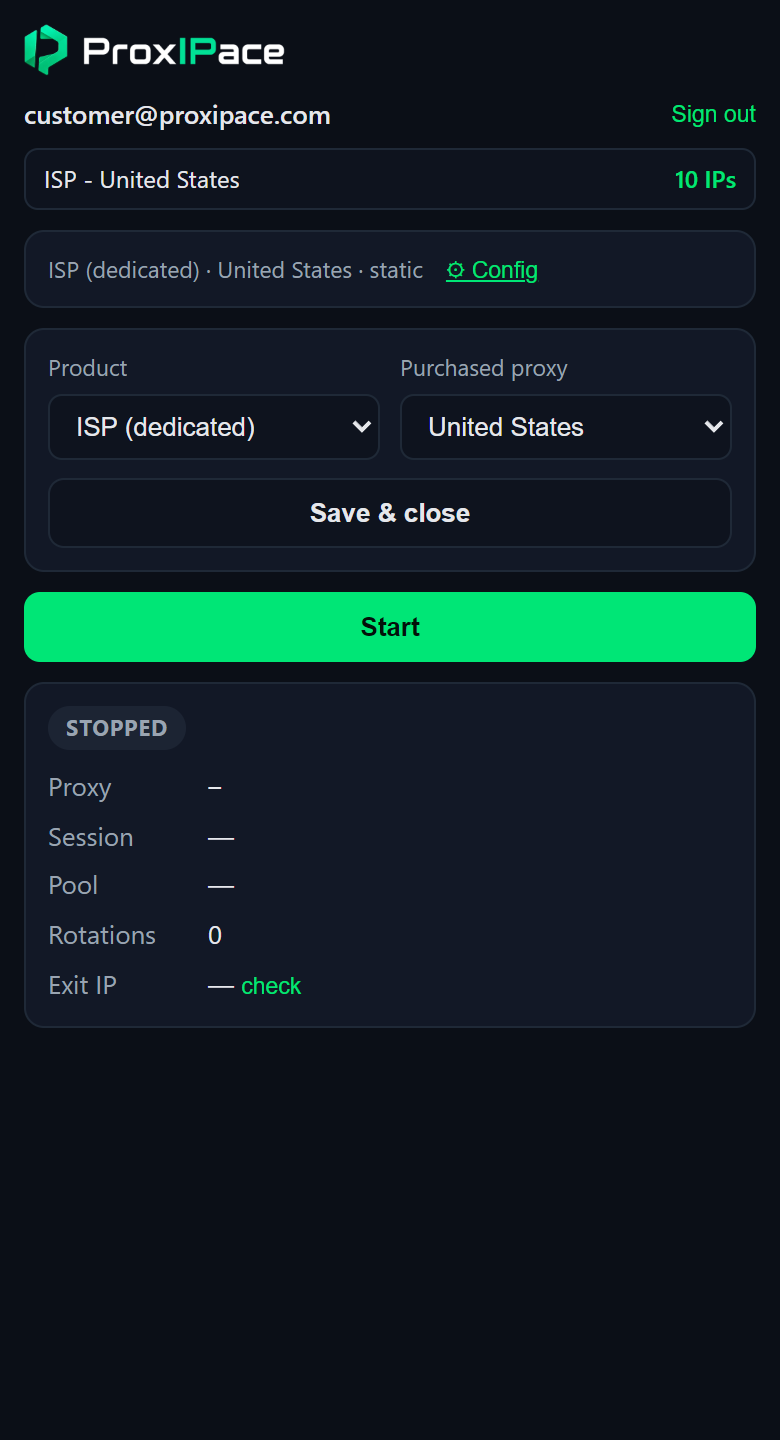 ProxiPace extension showing proxy product controls and connection status